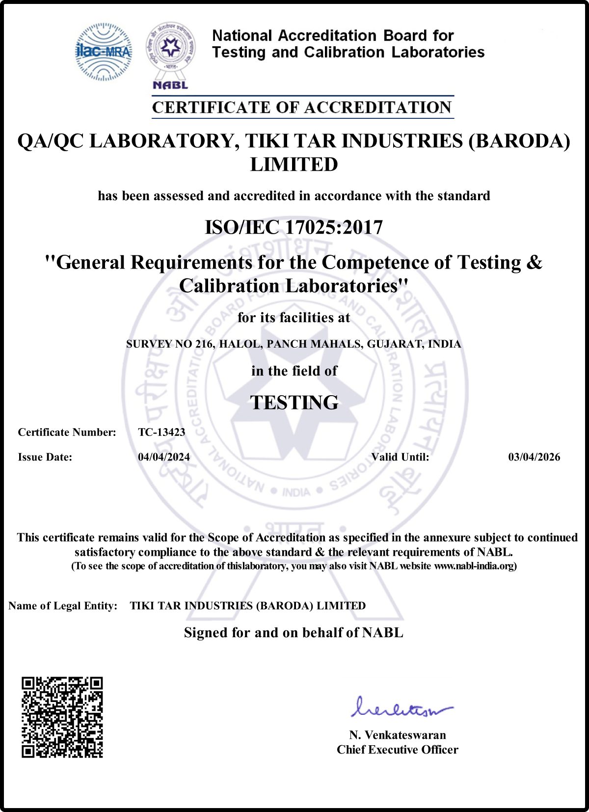 ISO/IEC 17025:2017NABL Certificate